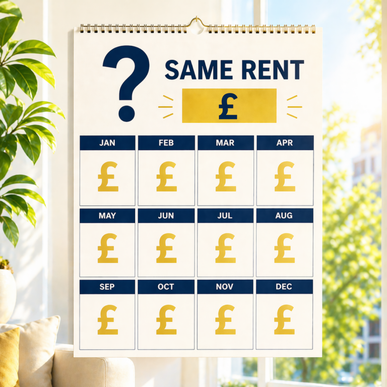 Calendar showing equal monthly rent with pound symbols, illustrating fixed rent across the year