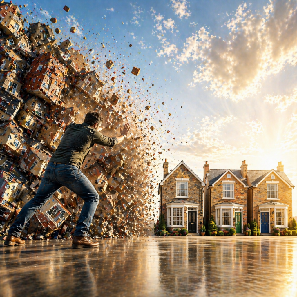 Man pushing collapsing wall of houses as orderly homes remain intact, symbolising portfolio simplification