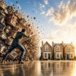 Man pushing collapsing wall of houses as orderly homes remain intact, symbolising portfolio simplification