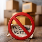 Eviction notice crossed out with red prohibition sign and moving boxes in background