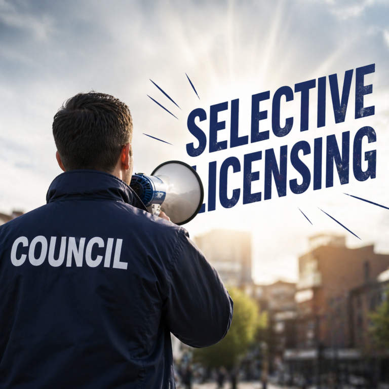 Council officer using megaphone to promote selective licensing schemes in an urban area
