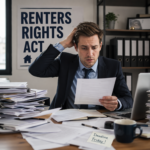 Stressed landlord reviewing paperwork about Renters’ Rights Act at cluttered desk