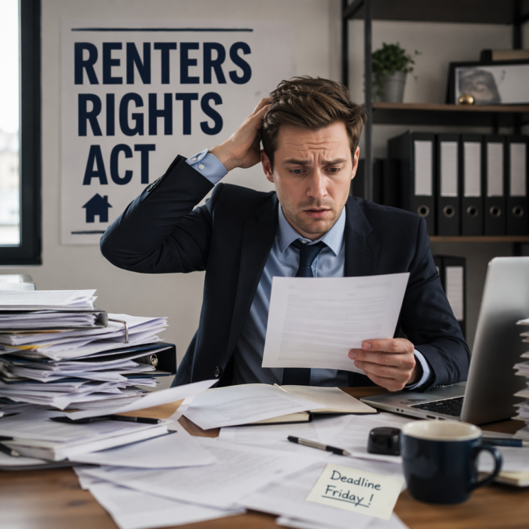 Stressed landlord reviewing paperwork about Renters’ Rights Act at cluttered desk