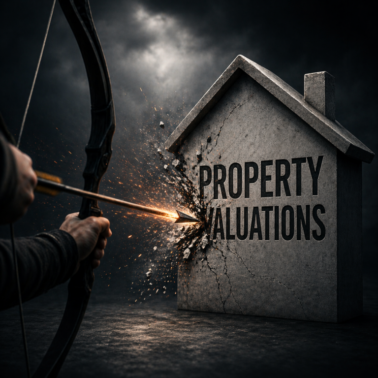 Arrow striking and cracking house labelled property valuations, symbolising HMRC scrutiny of estate values