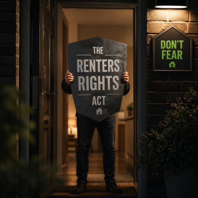 Landlord standing in doorway holding a “Renters’ Rights Act” sign, symbolising upcoming tenancy law changes.