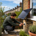 Tenant installing plug-in solar panel on exterior wall of a rented home