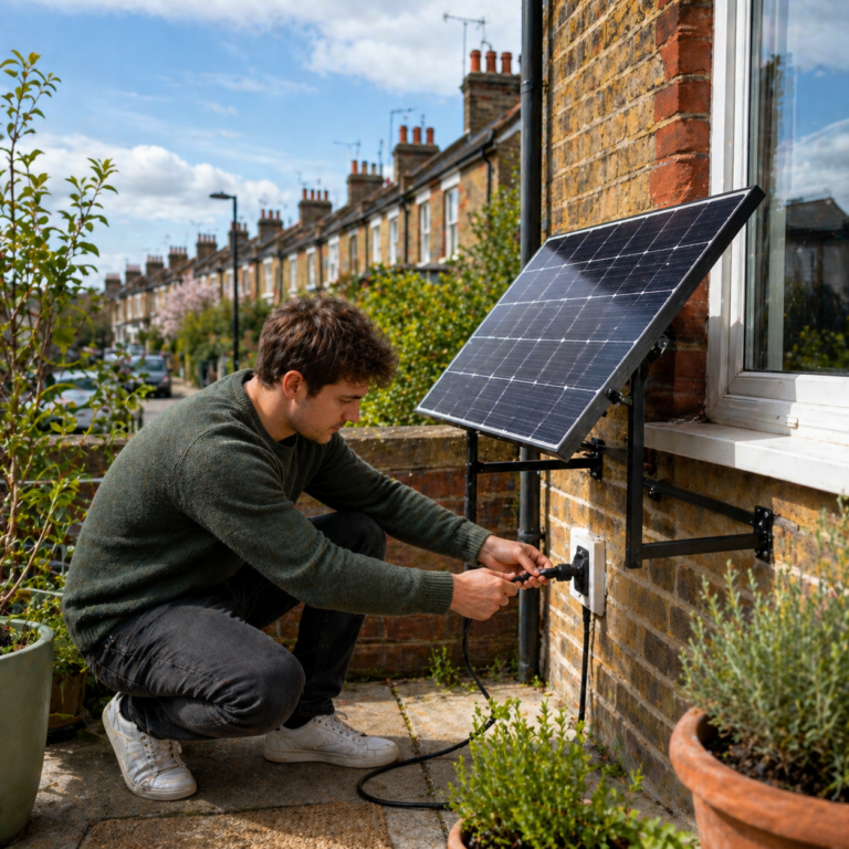 Tenant installing plug-in solar panel on exterior wall of a rented home