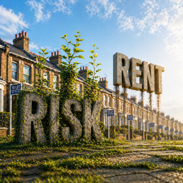 Rising rents and risks in UK rental market illustrated with terraced houses and rent signage