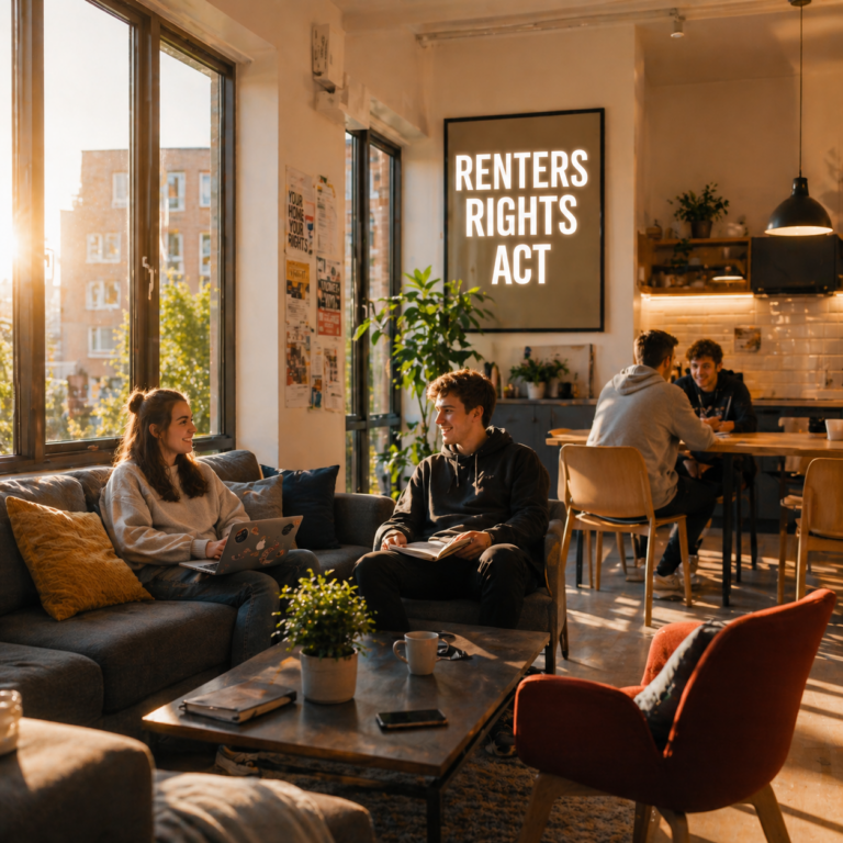 Students relaxing in shared accommodation with Renters’ Rights Act sign highlighting housing changes