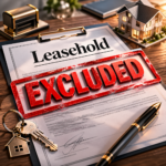 Leasehold contract marked “Excluded” with house model and keys, illustrating leasehold reform concerns