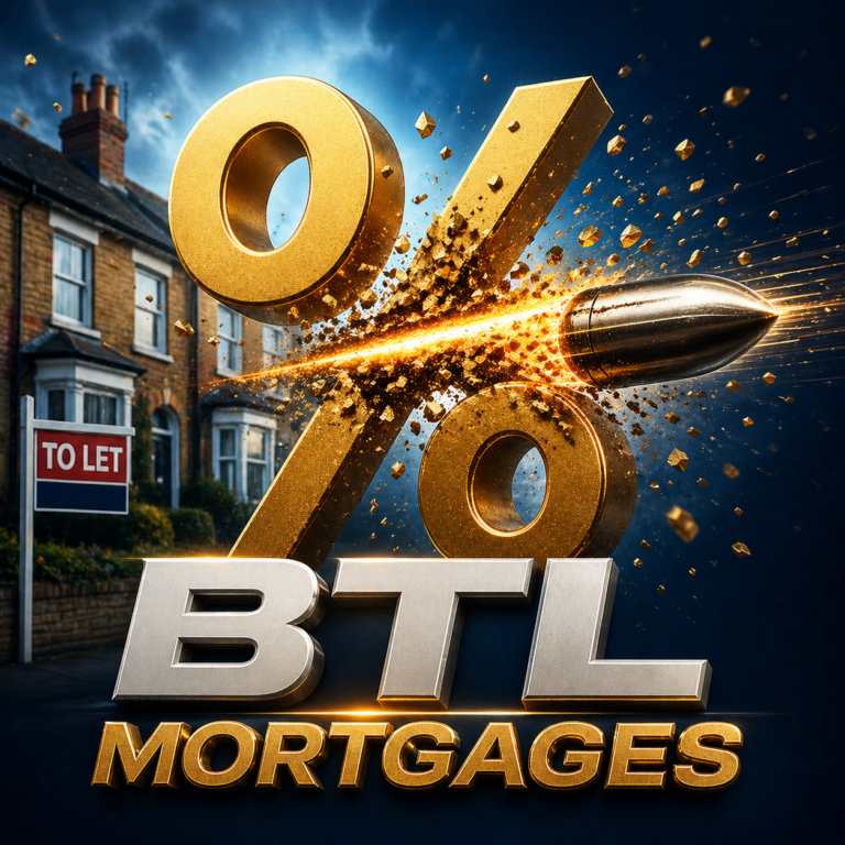 Bullet smashing percentage symbol over houses, representing falling buy-to-let mortgage rates