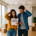 Confused couple holding Renters’ Rights Act document in empty apartment with moving boxes