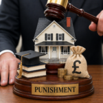 Judge’s gavel over house model with money and books symbolising housing law penalties and landlord offences