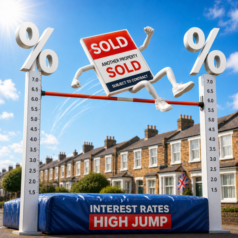 Cartoon sold sign clearing a high jump bar symbolising strong housing market despite rising interest rates