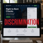 Right to Rent checks website on computer screen with “Discrimination” overlay highlighting concerns in rental policy