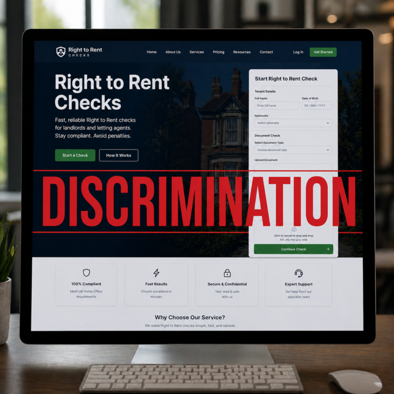 Right to Rent checks website on computer screen with “Discrimination” overlay highlighting concerns in rental policy