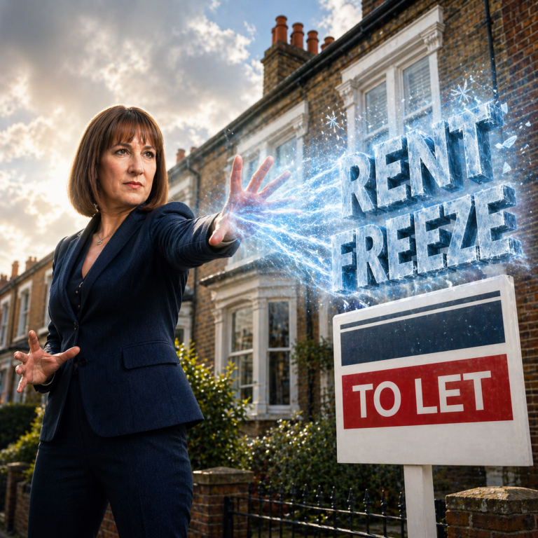 Rachel Reeves freezes rents concept with energy effect near a UK “To Let” property sign