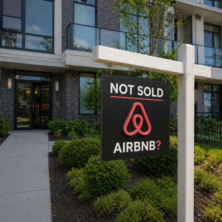 “Not Sold Airbnb?” sign outside a modern apartment building, reflecting rental vs sale decision