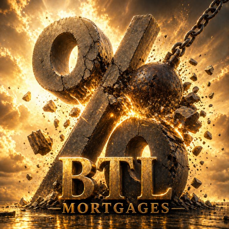 Cracked percentage symbol struck by wrecking ball, symbolising falling buy-to-let mortgage rates