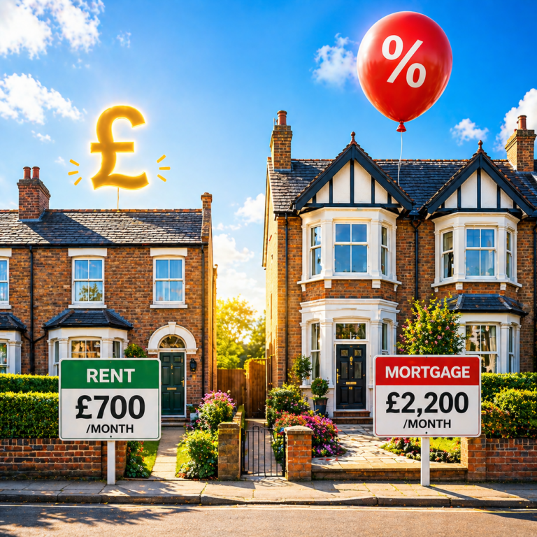 UK houses with signs comparing £700 rent vs £2,200 mortgage and a percentage rate balloon