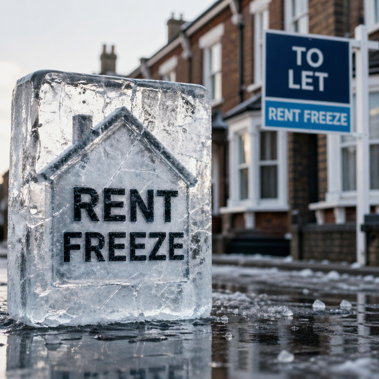 Rent freeze concept illustrated by house encased in ice with “rent freeze” text and rental sign in background