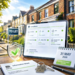 Tablet showing landlord compliance checklist with UK rental homes and To Let sign in background
