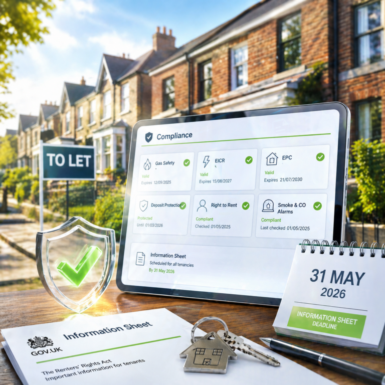Tablet showing landlord compliance checklist with UK rental homes and To Let sign in background