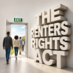 Tenants walking through an exit door symbolising landlords leaving the rental market after new housing reforms