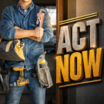 Tradesperson with tools beside “Act Now” sign, symbolising landlords preparing for housing standards