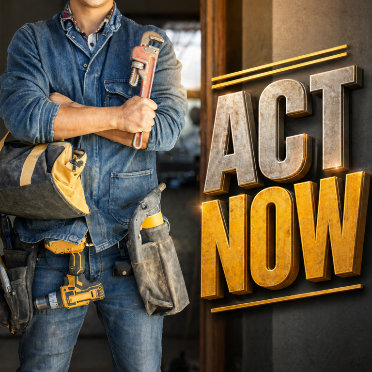 Tradesperson with tools beside “Act Now” sign, symbolising landlords preparing for housing standards