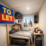 Cramped London bedsit with To Let sign, illustrating rising room rents across the capital