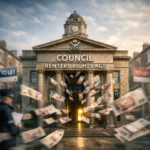 Council building with Renters’ Rights Act signage and money flying out, symbolising funding for enforcement powers