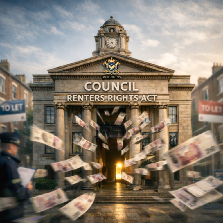 Council building with Renters’ Rights Act signage and money flying out, symbolising funding for enforcement powers
