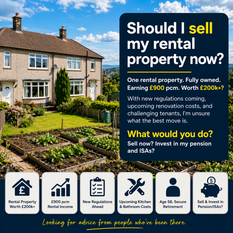 Semi-detached house with large garden and allotment alongside text asking whether to sell a rental property worth £200k with £900 monthly income.