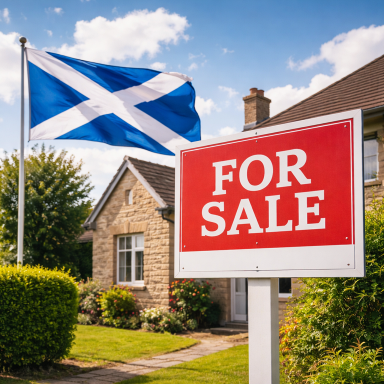 House for sale in Scotland with Scottish flag, illustrating housing policy debate