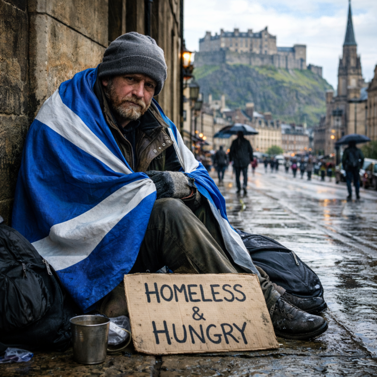 Homeless man wrapped in Scottish flag holding sign on rainy Edinburgh street with castle in background