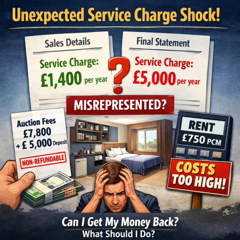 Landlord reacts to unexpected £5,000 service charge on studio flat purchase after auction listing showed £1,400, raising misrepresentation concerns