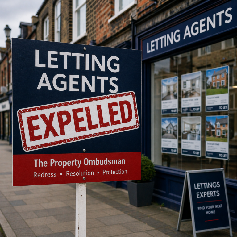 Letting agent sign marked “Expelled” outside a high street office, illustrating firms removed from a redress scheme over unpaid compensation awards.