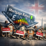 Rising UK mortgage rates illustrated above houses with for sale signs and price chart