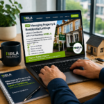 Person studying NRLA Level 3 property lettings course on a laptop with notebook, keys and model house on desk