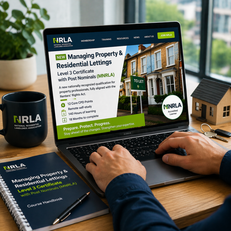 Person studying NRLA Level 3 property lettings course on a laptop with notebook, keys and model house on desk