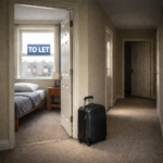 Small rental room with bed and suitcase, featuring a “To Let” sign in the window