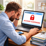 Letting agent reacting to suspended account message on laptop screen