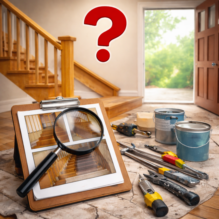 Unfinished staircase repair with tools and inspection photos highlighting missed contractor work