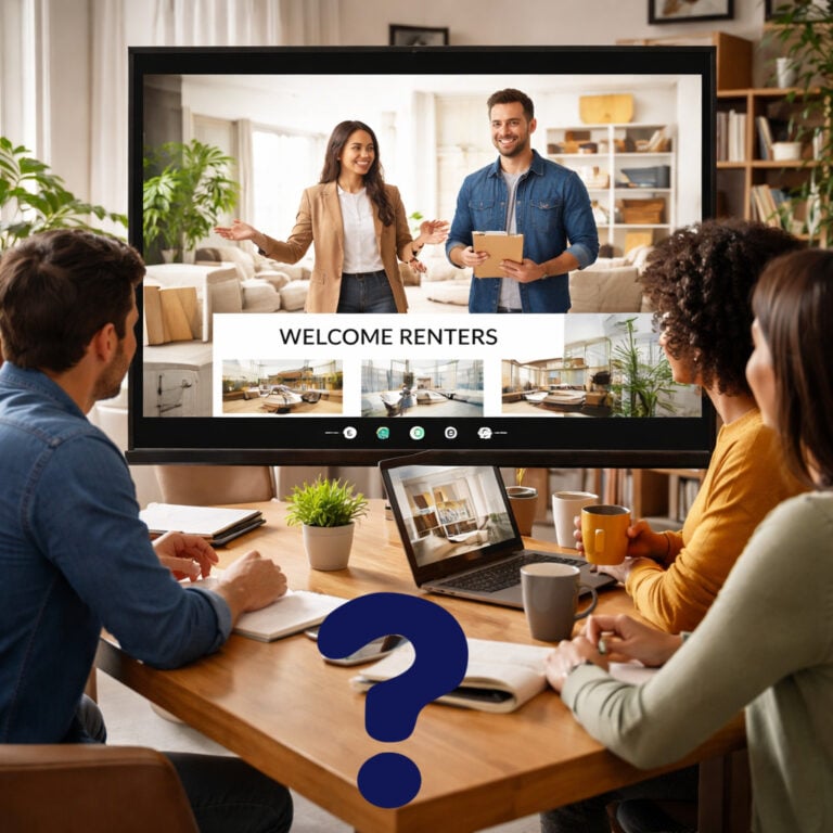 Landlords watching an online renters rights webinar on a screen during a meeting