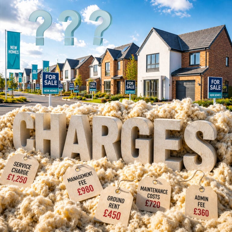 New build homes with hidden estate charges and fees highlighted in a residential development