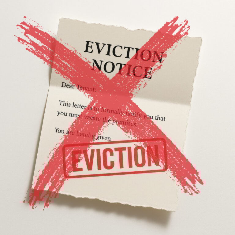 Eviction notice document crossed out with red X symbolising end of no-fault evictions