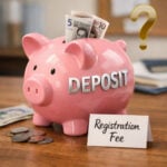 Pink piggy bank labeled deposit with cash and a registration fee sign, illustrating tenant deposit costs