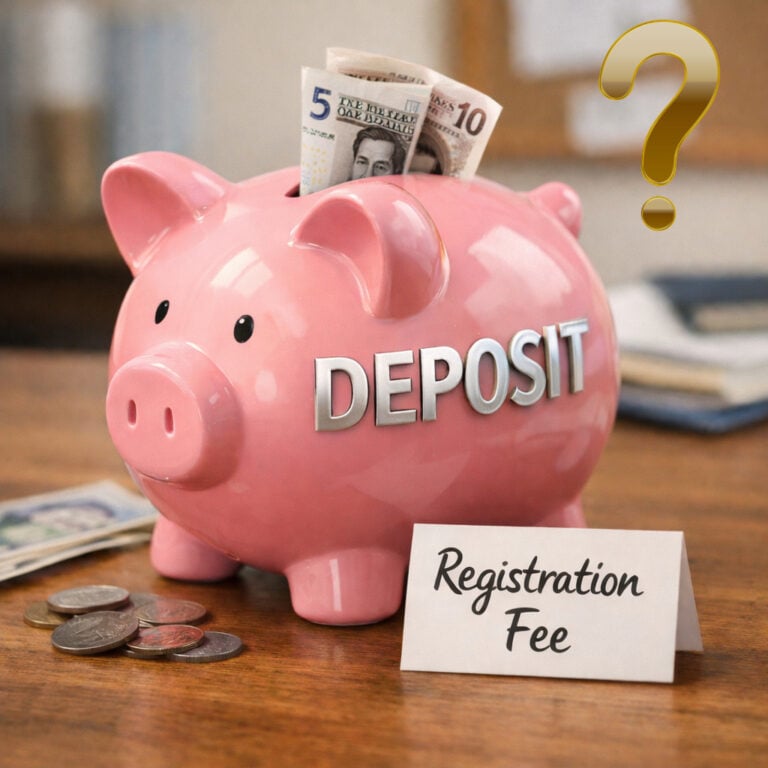 Pink piggy bank labeled deposit with cash and a registration fee sign, illustrating tenant deposit costs