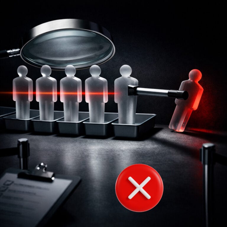 Illustration of tenant screening with one applicant singled out, symbolising discrimination in Right to Rent checks.
